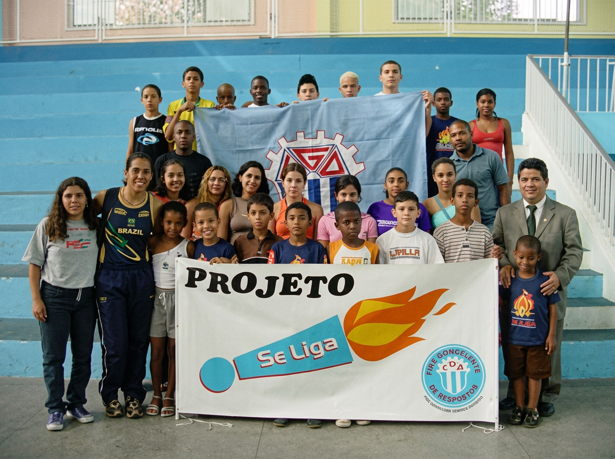 Equipe do Projeto Se Liga reunida com a faixa do instituto
